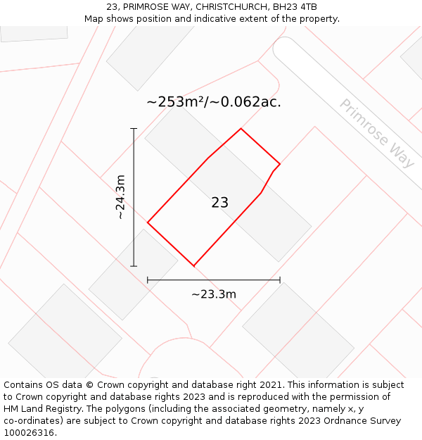 23, PRIMROSE WAY, CHRISTCHURCH, BH23 4TB: Plot and title map