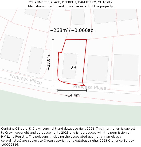 23, PRINCESS PLACE, DEEPCUT, CAMBERLEY, GU16 6FX: Plot and title map
