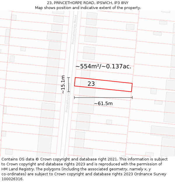 23, PRINCETHORPE ROAD, IPSWICH, IP3 8NY: Plot and title map
