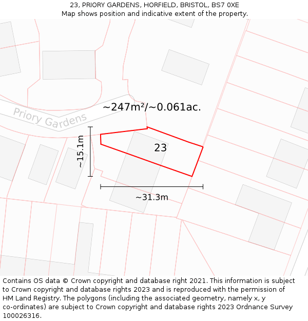 23, PRIORY GARDENS, HORFIELD, BRISTOL, BS7 0XE: Plot and title map