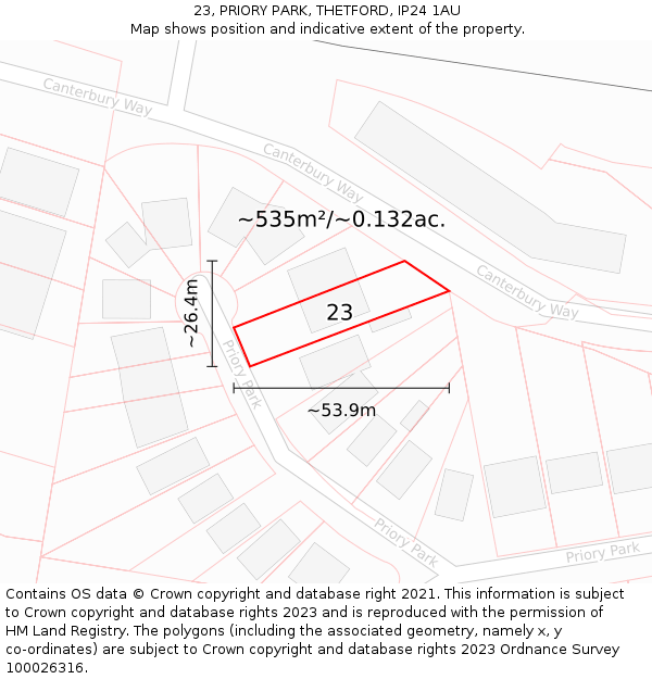 23, PRIORY PARK, THETFORD, IP24 1AU: Plot and title map