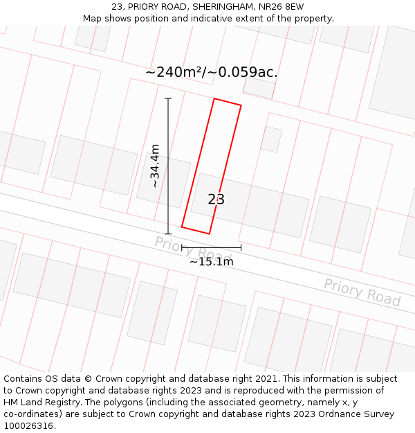23, PRIORY ROAD, SHERINGHAM, NR26 8EW: Plot and title map