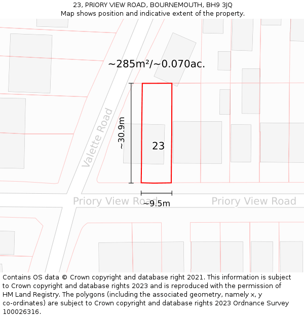23, PRIORY VIEW ROAD, BOURNEMOUTH, BH9 3JQ: Plot and title map