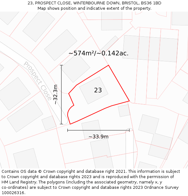 23, PROSPECT CLOSE, WINTERBOURNE DOWN, BRISTOL, BS36 1BD: Plot and title map