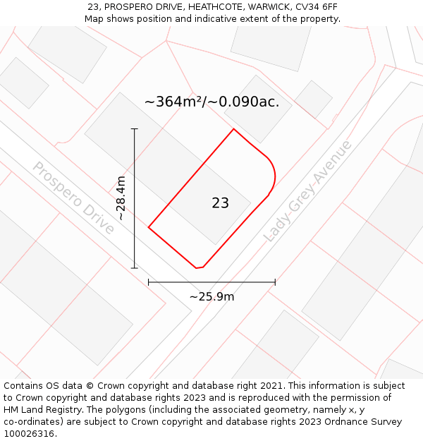 23, PROSPERO DRIVE, HEATHCOTE, WARWICK, CV34 6FF: Plot and title map