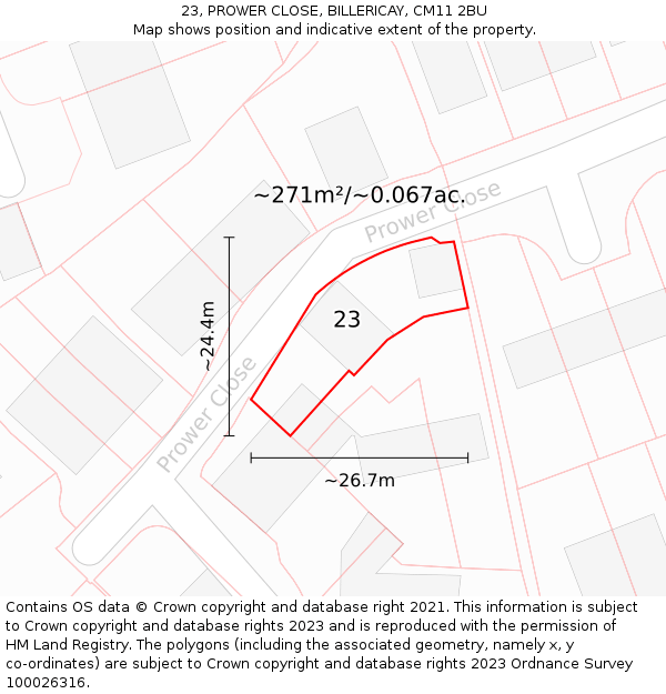 23, PROWER CLOSE, BILLERICAY, CM11 2BU: Plot and title map