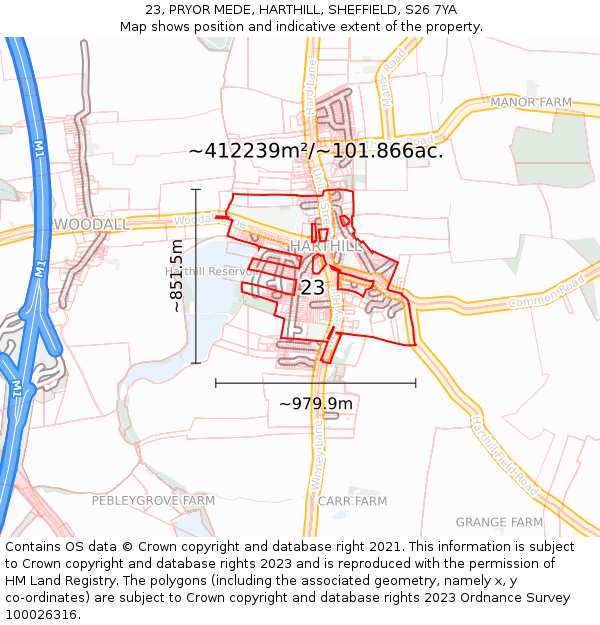 23, PRYOR MEDE, HARTHILL, SHEFFIELD, S26 7YA: Plot and title map