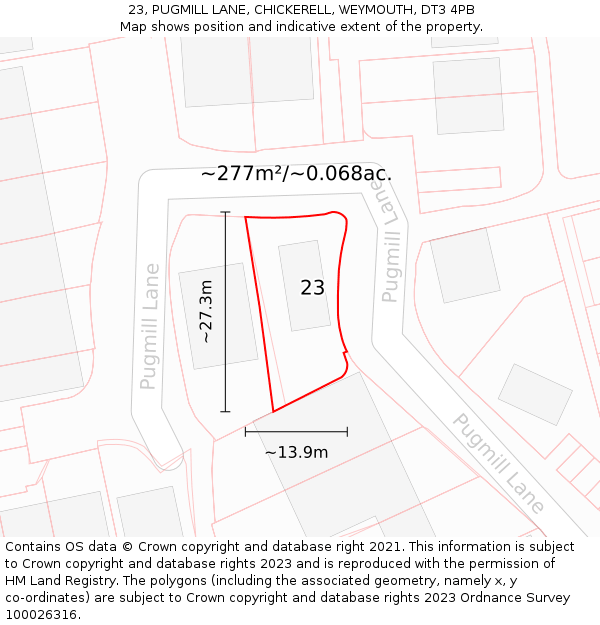 23, PUGMILL LANE, CHICKERELL, WEYMOUTH, DT3 4PB: Plot and title map