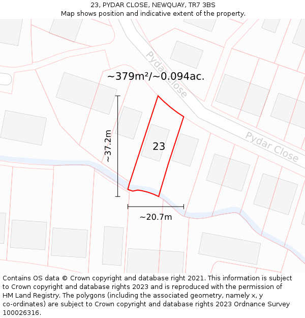 23, PYDAR CLOSE, NEWQUAY, TR7 3BS: Plot and title map