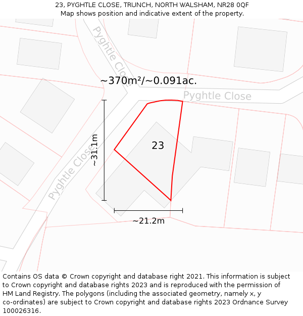 23, PYGHTLE CLOSE, TRUNCH, NORTH WALSHAM, NR28 0QF: Plot and title map