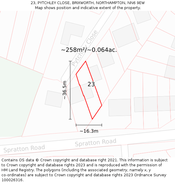 23, PYTCHLEY CLOSE, BRIXWORTH, NORTHAMPTON, NN6 9EW: Plot and title map