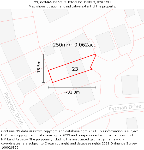 23, PYTMAN DRIVE, SUTTON COLDFIELD, B76 1GU: Plot and title map