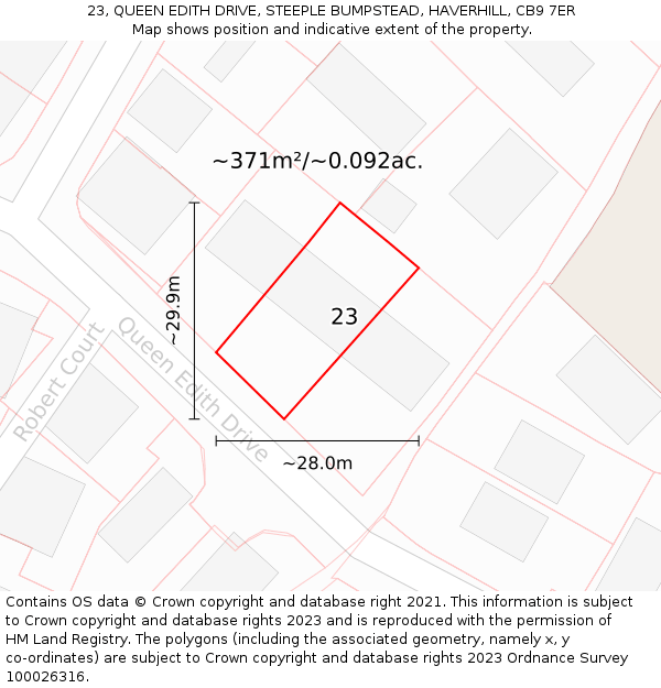 23, QUEEN EDITH DRIVE, STEEPLE BUMPSTEAD, HAVERHILL, CB9 7ER: Plot and title map
