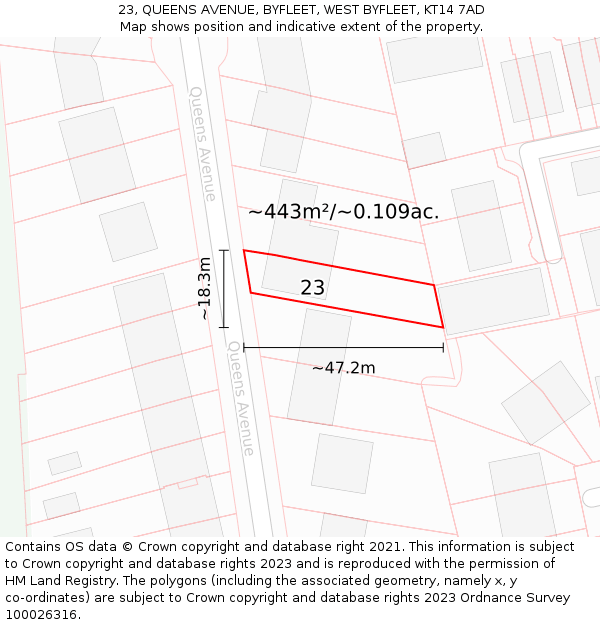 23, QUEENS AVENUE, BYFLEET, WEST BYFLEET, KT14 7AD: Plot and title map