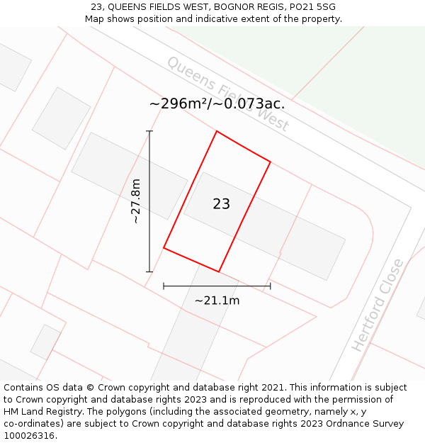 23, QUEENS FIELDS WEST, BOGNOR REGIS, PO21 5SG: Plot and title map