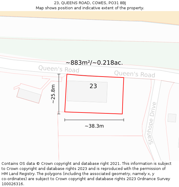 23, QUEENS ROAD, COWES, PO31 8BJ: Plot and title map