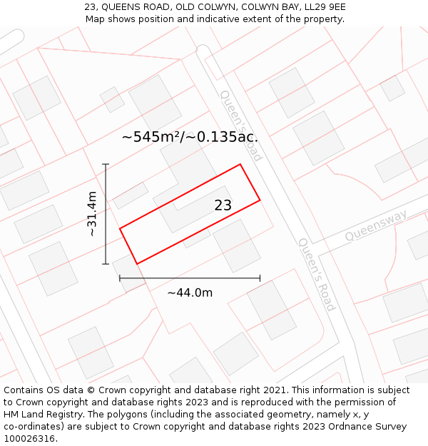 23, QUEENS ROAD, OLD COLWYN, COLWYN BAY, LL29 9EE: Plot and title map