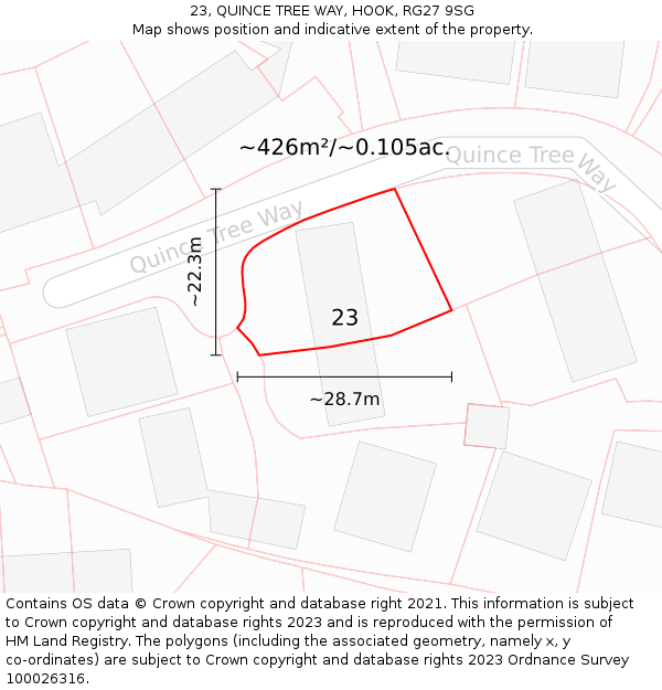 23, QUINCE TREE WAY, HOOK, RG27 9SG: Plot and title map