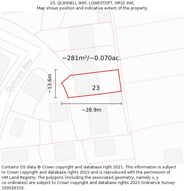 23, QUINNELL WAY, LOWESTOFT, NR32 4WL: Plot and title map