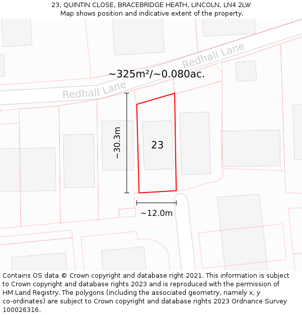 23, QUINTIN CLOSE, BRACEBRIDGE HEATH, LINCOLN, LN4 2LW: Plot and title map