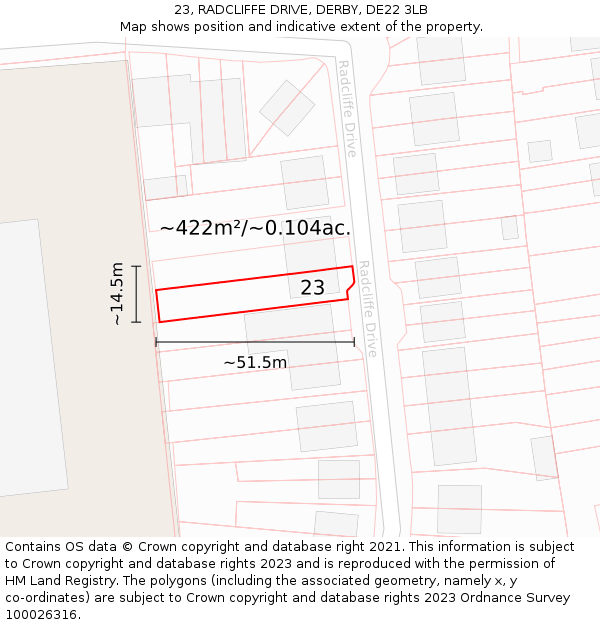 23, RADCLIFFE DRIVE, DERBY, DE22 3LB: Plot and title map