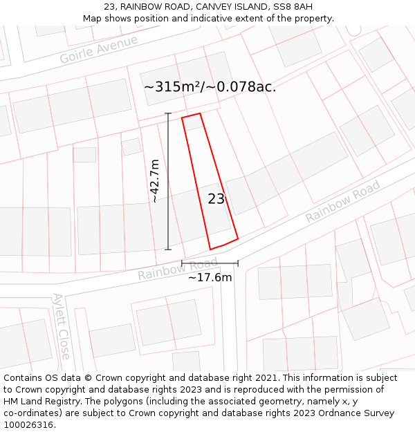 23, RAINBOW ROAD, CANVEY ISLAND, SS8 8AH: Plot and title map