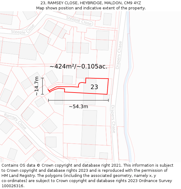 23, RAMSEY CLOSE, HEYBRIDGE, MALDON, CM9 4YZ: Plot and title map