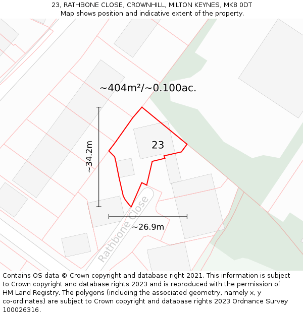 23, RATHBONE CLOSE, CROWNHILL, MILTON KEYNES, MK8 0DT: Plot and title map