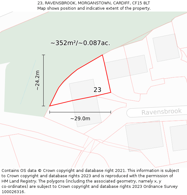 23, RAVENSBROOK, MORGANSTOWN, CARDIFF, CF15 8LT: Plot and title map