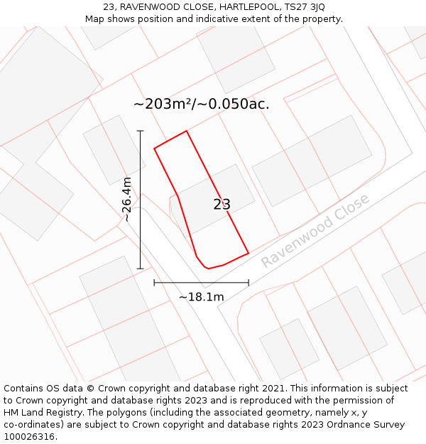23, RAVENWOOD CLOSE, HARTLEPOOL, TS27 3JQ: Plot and title map