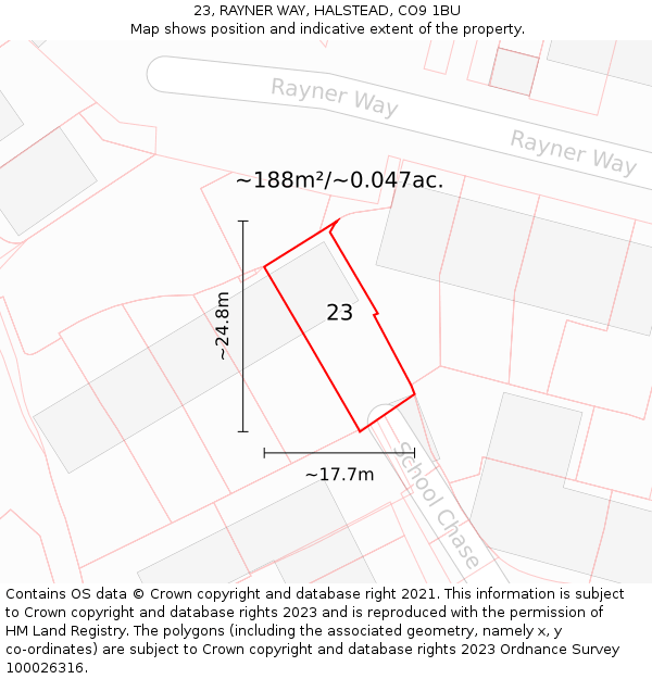 23, RAYNER WAY, HALSTEAD, CO9 1BU: Plot and title map