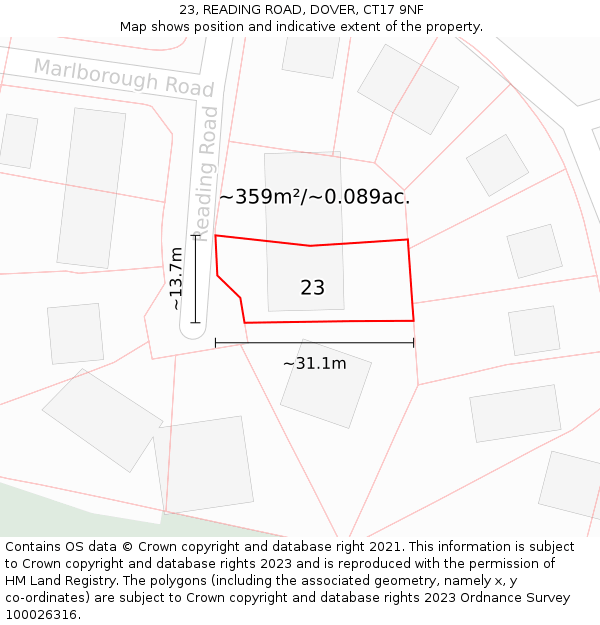 23, READING ROAD, DOVER, CT17 9NF: Plot and title map