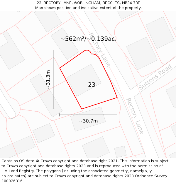 23, RECTORY LANE, WORLINGHAM, BECCLES, NR34 7RF: Plot and title map
