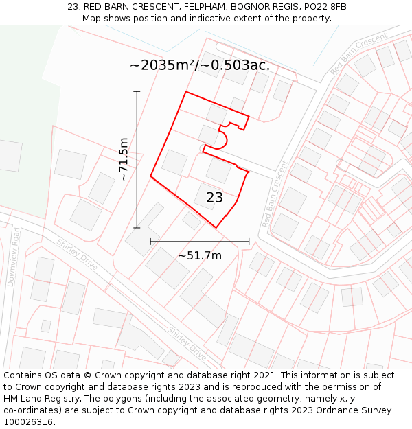23, RED BARN CRESCENT, FELPHAM, BOGNOR REGIS, PO22 8FB: Plot and title map