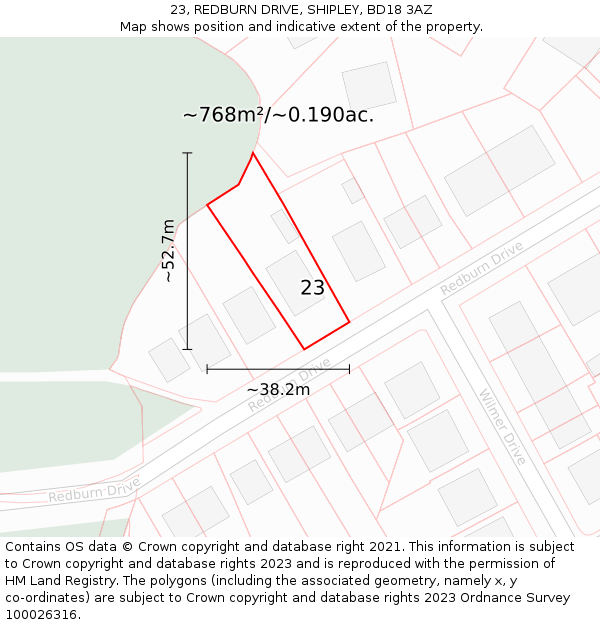 23, REDBURN DRIVE, SHIPLEY, BD18 3AZ: Plot and title map