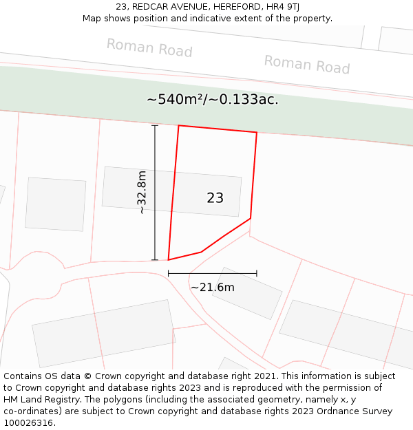 23, REDCAR AVENUE, HEREFORD, HR4 9TJ: Plot and title map