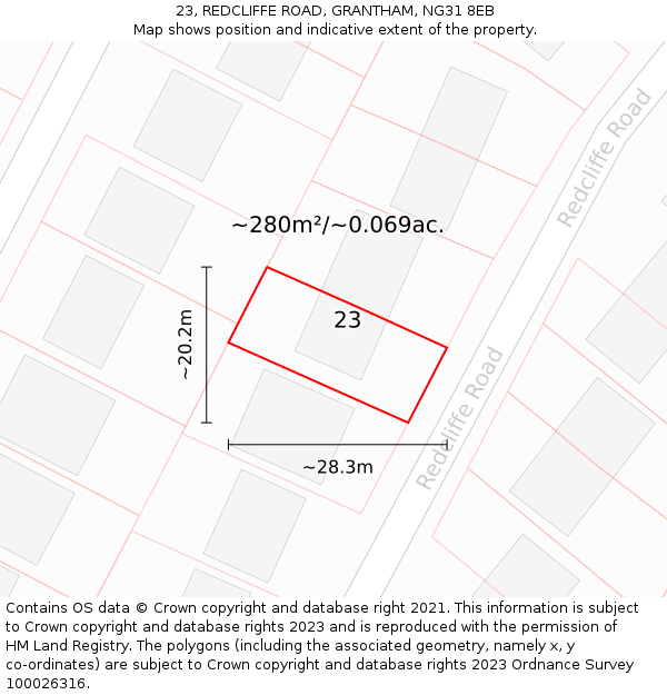 23, REDCLIFFE ROAD, GRANTHAM, NG31 8EB: Plot and title map