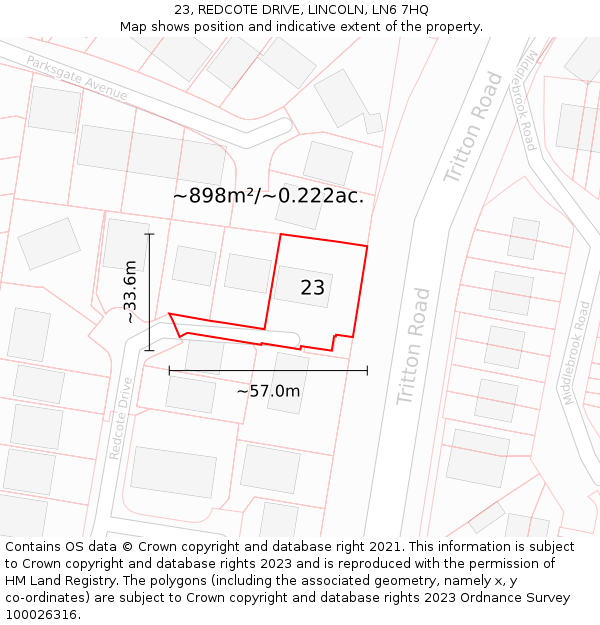23, REDCOTE DRIVE, LINCOLN, LN6 7HQ: Plot and title map