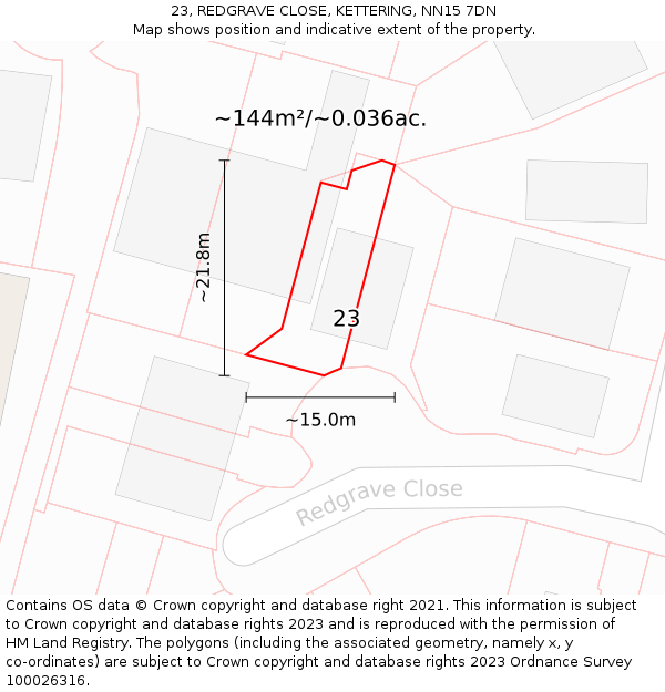 23, REDGRAVE CLOSE, KETTERING, NN15 7DN: Plot and title map