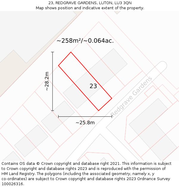 23, REDGRAVE GARDENS, LUTON, LU3 3QN: Plot and title map