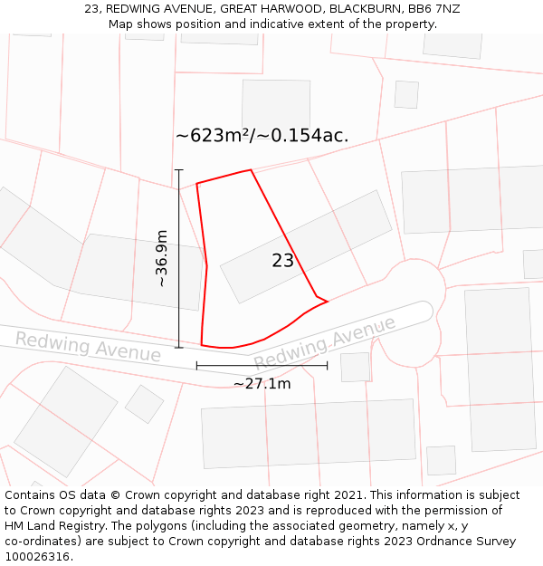 23, REDWING AVENUE, GREAT HARWOOD, BLACKBURN, BB6 7NZ: Plot and title map
