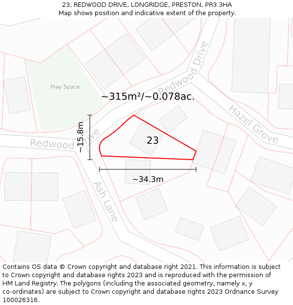 23, REDWOOD DRIVE, LONGRIDGE, PRESTON, PR3 3HA: Plot and title map