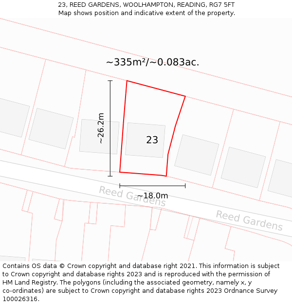 23, REED GARDENS, WOOLHAMPTON, READING, RG7 5FT: Plot and title map