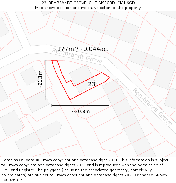 23, REMBRANDT GROVE, CHELMSFORD, CM1 6GD: Plot and title map