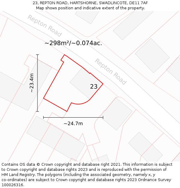 23, REPTON ROAD, HARTSHORNE, SWADLINCOTE, DE11 7AF: Plot and title map