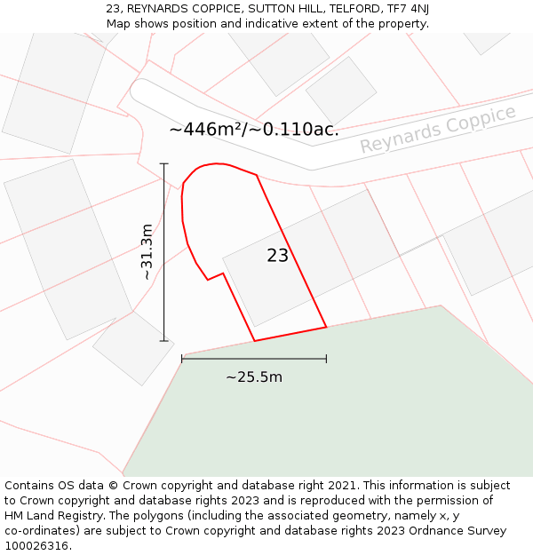 23, REYNARDS COPPICE, SUTTON HILL, TELFORD, TF7 4NJ: Plot and title map
