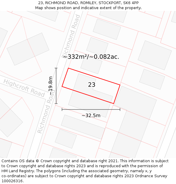 23, RICHMOND ROAD, ROMILEY, STOCKPORT, SK6 4PP: Plot and title map