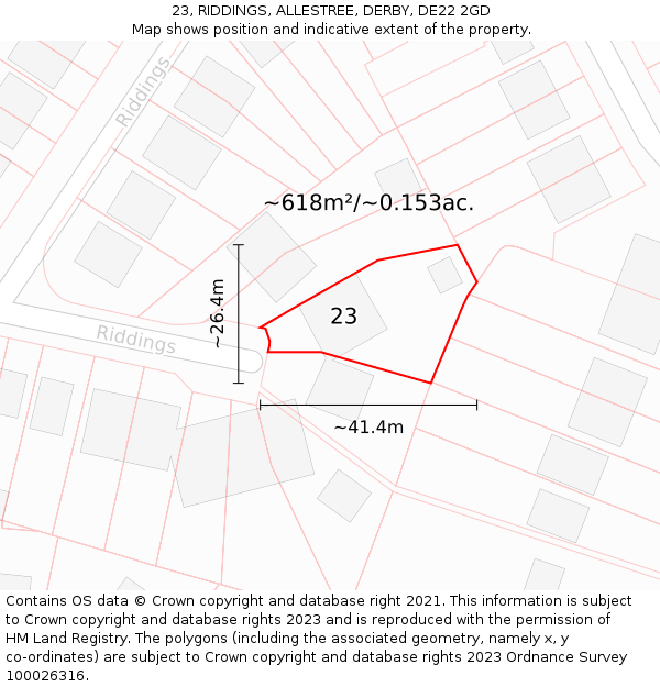 23, RIDDINGS, ALLESTREE, DERBY, DE22 2GD: Plot and title map