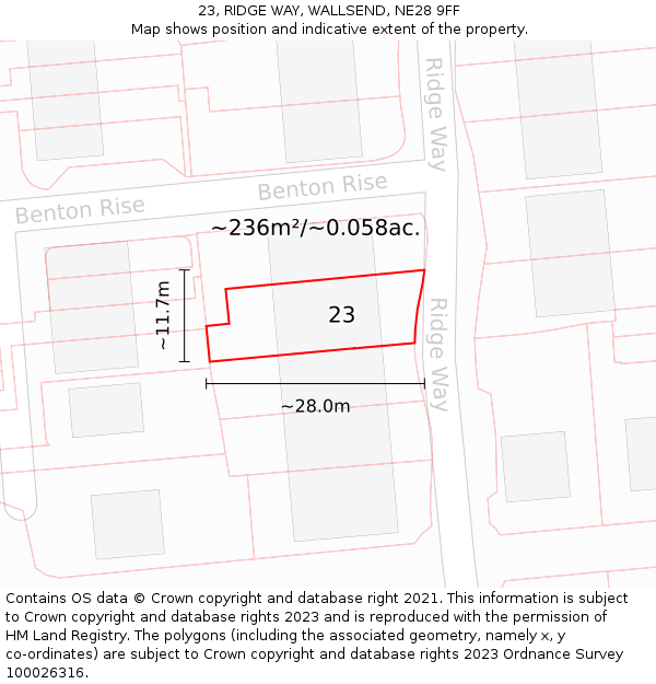 23, RIDGE WAY, WALLSEND, NE28 9FF: Plot and title map