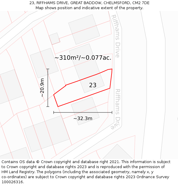23, RIFFHAMS DRIVE, GREAT BADDOW, CHELMSFORD, CM2 7DE: Plot and title map